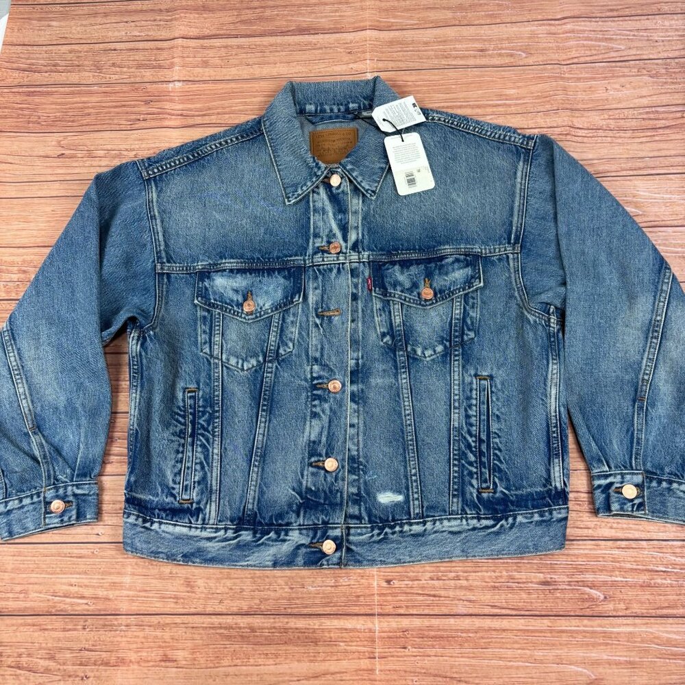 Levis Womens Premium Italian Denim Jacket Large Distressed Wash 100% Cotton